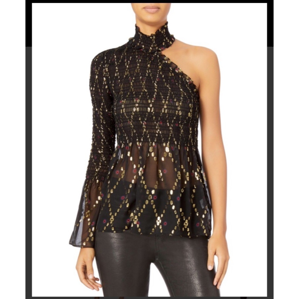A.L.C. One shoulder one sleeve silk metallic gold thread mock neck top sz.0